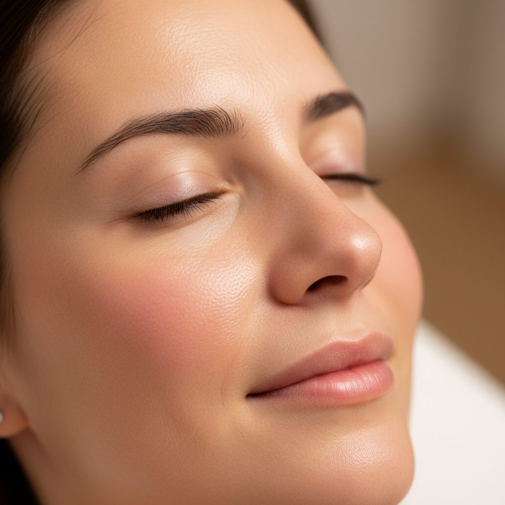 Glowing healthy skin close-up with soft natural light, wellness and detox concept, clean beauty aesthetic