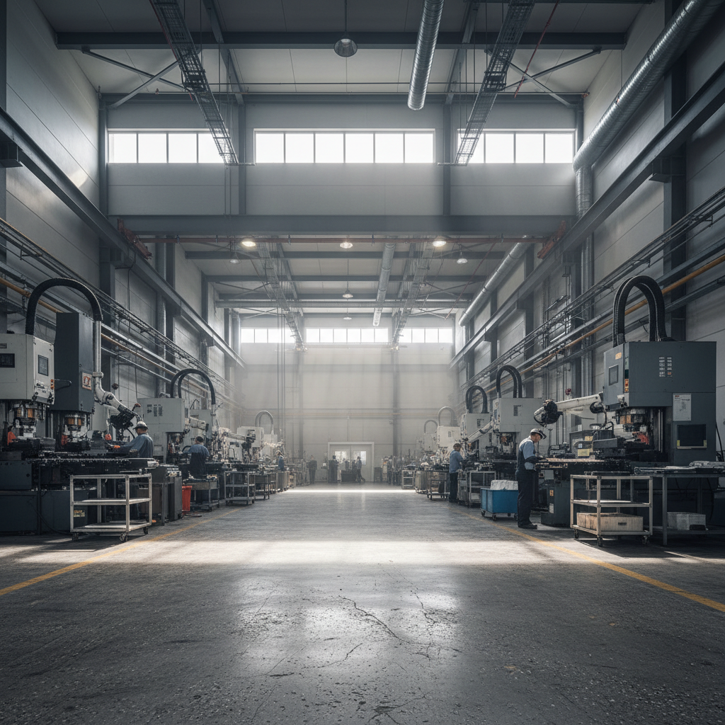 Wide interior shot showing north-facing clerestory windows, natural light washing across concrete manufacturing floor