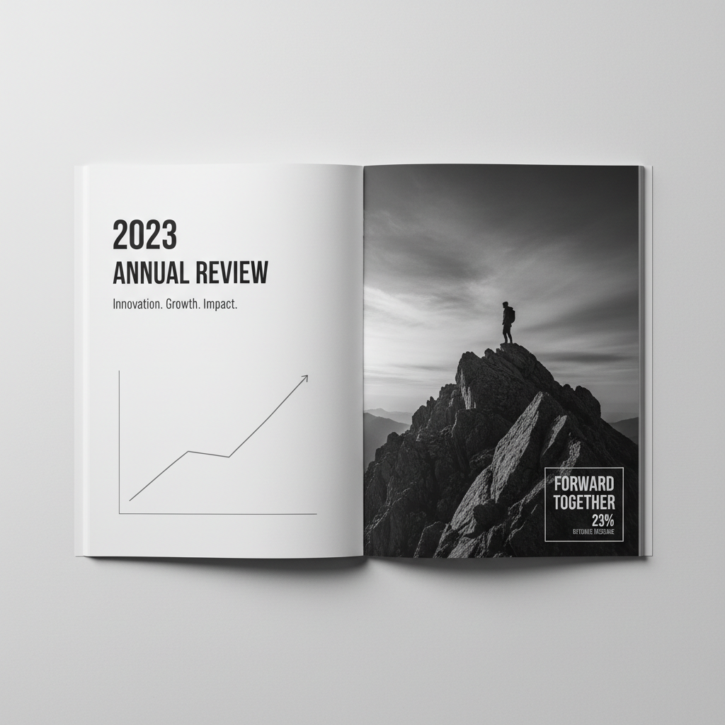 Printed annual report pages with editorial layout, dark background, moody directional lighting