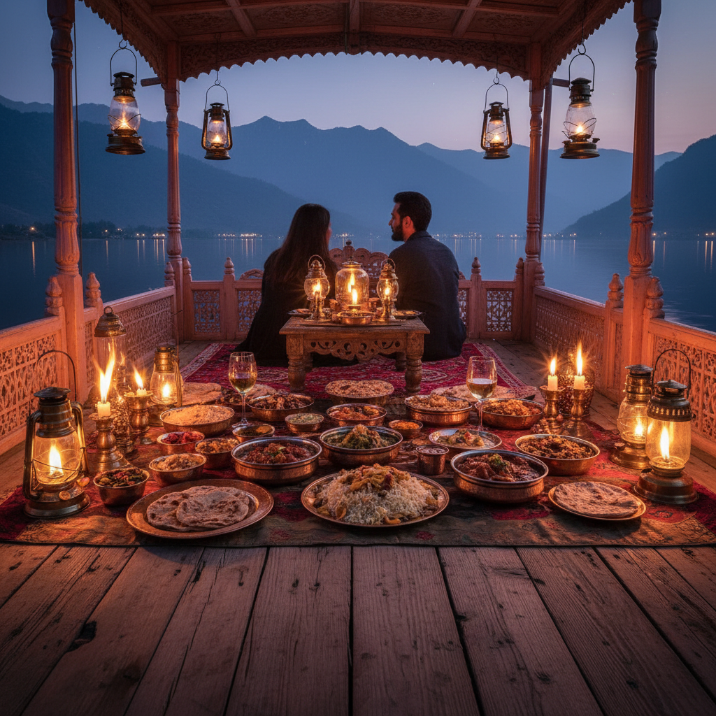 Candlelit dinner on a houseboat deck with brass lanterns, traditional Kashmiri dishes, and mountain silhouettes