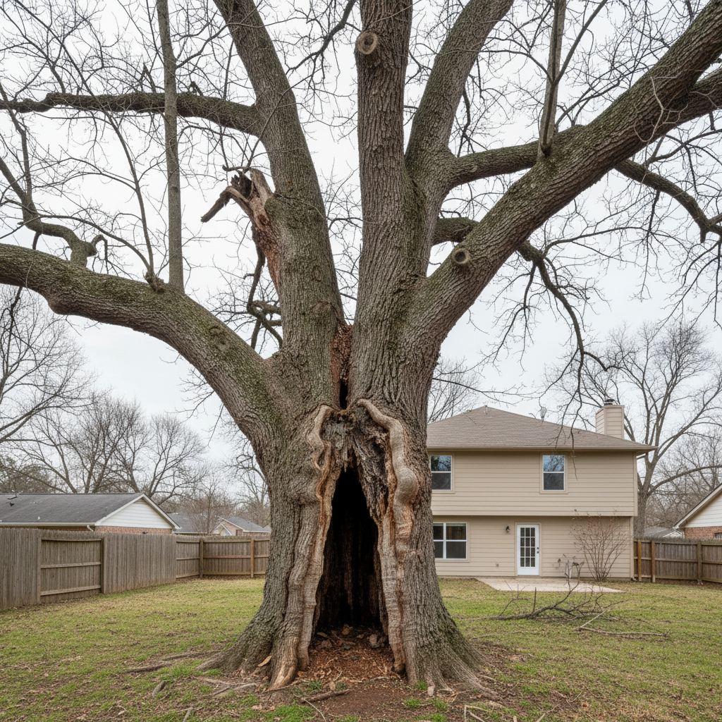 Large mature tree with visible decay and hollow trunk in suburban backyard requiring removal