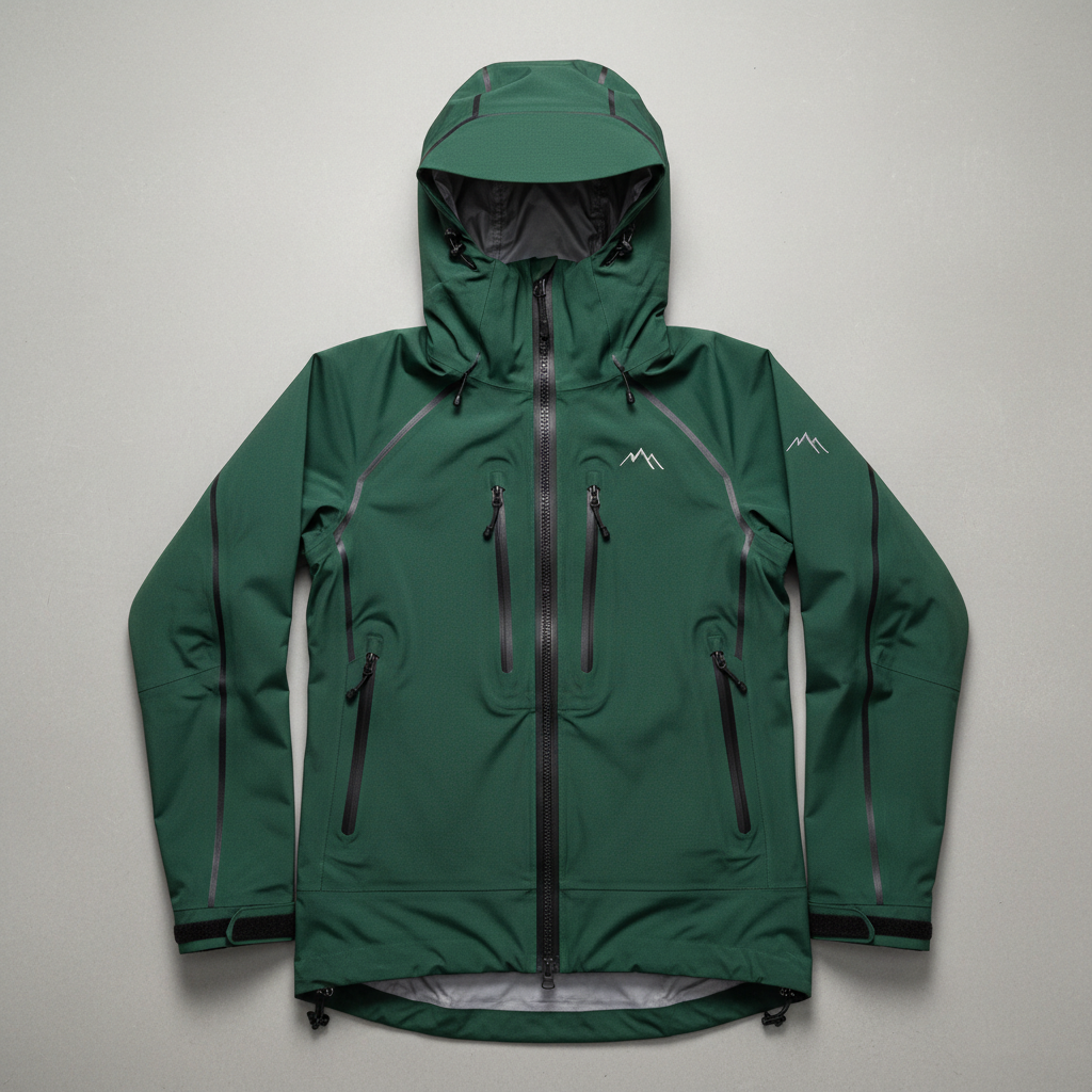 Alpine hardshell jacket in forest green on neutral background