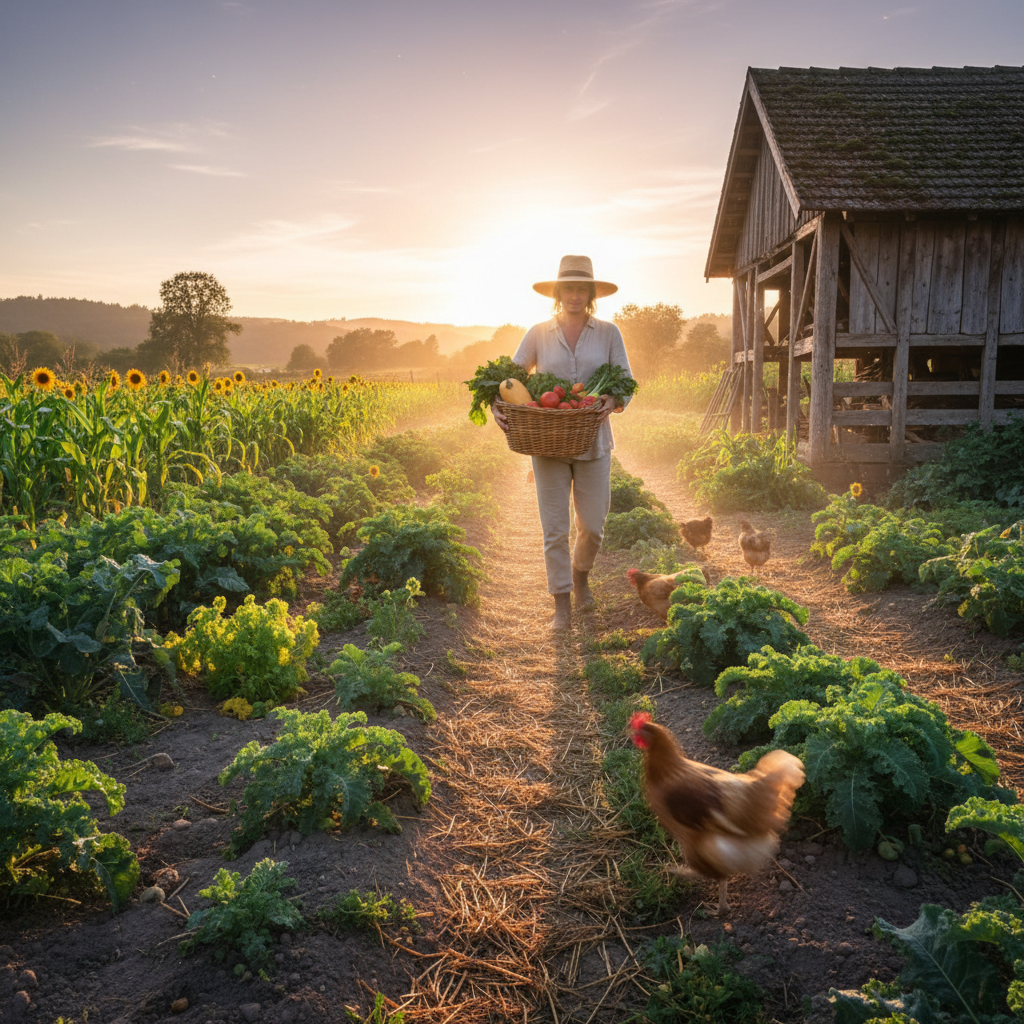 Golden-hour view down a garden row toward a figure carrying a harvest basket, chickens blurred in the middle distance, timber-frame structure at frame edge