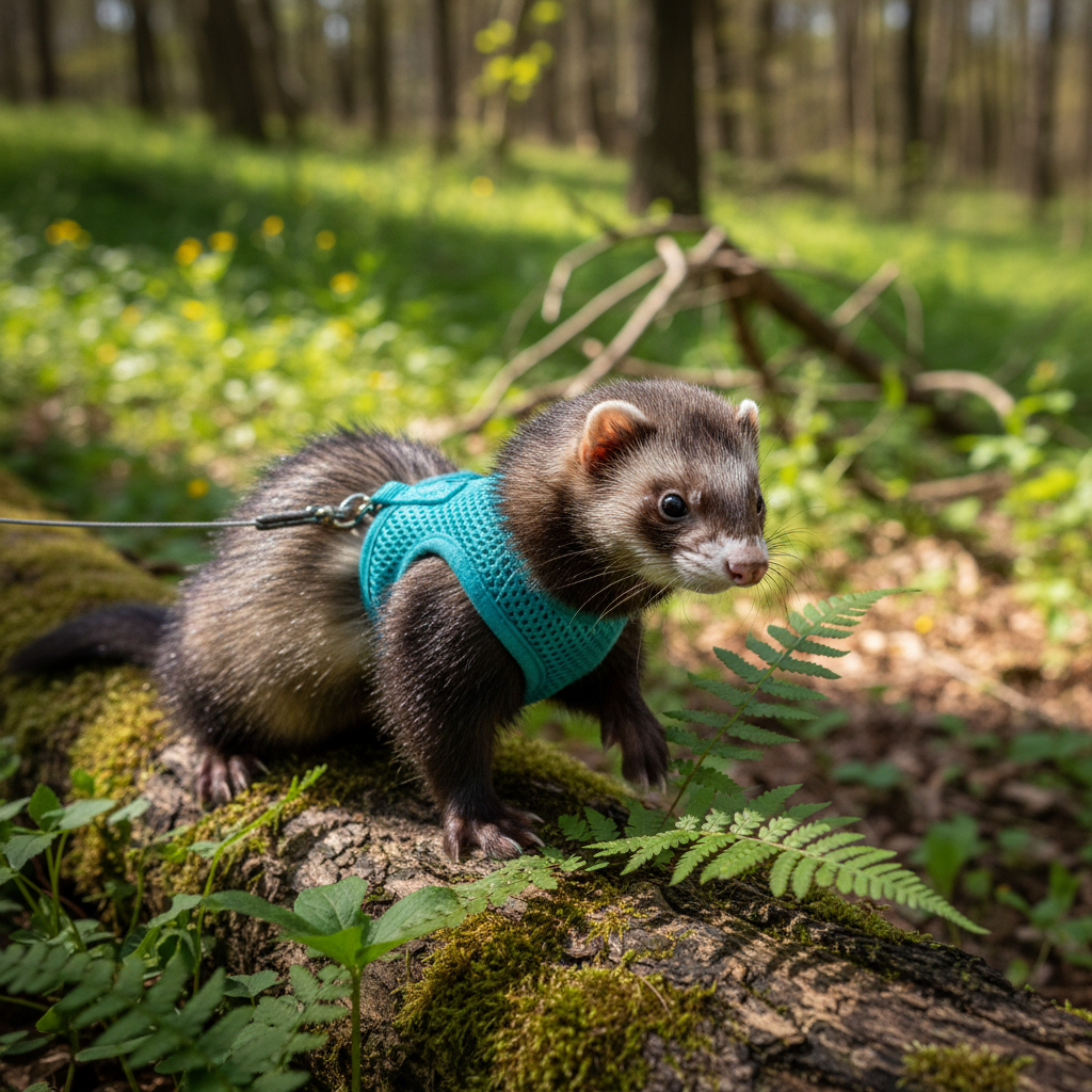 Fluffy ferret in a tiny vest harness exploring outdoors