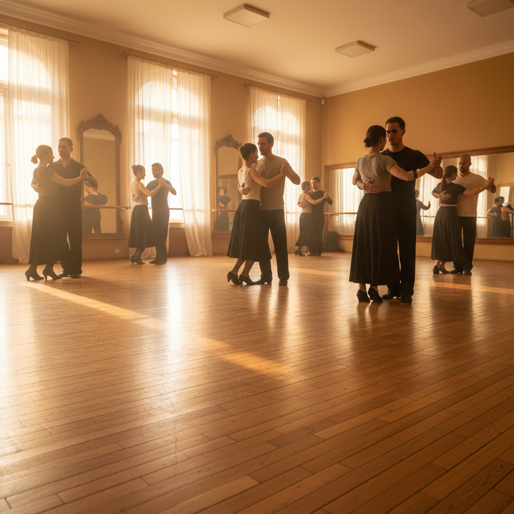 Beginner tango students practicing embrace in bright dance studio, wooden floor, warm lighting