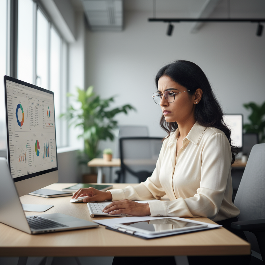 Indian woman professional, well-lit corporate environment, approachable expression