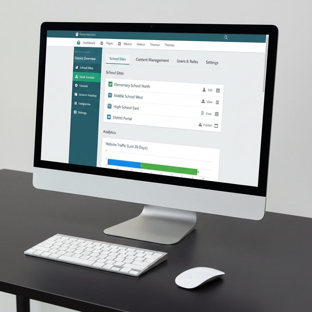 Podium CMS dashboard showing a school district website management interface with multiple school sites