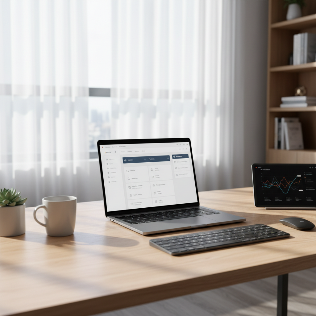 Professional business workspace with computer showing business email setup