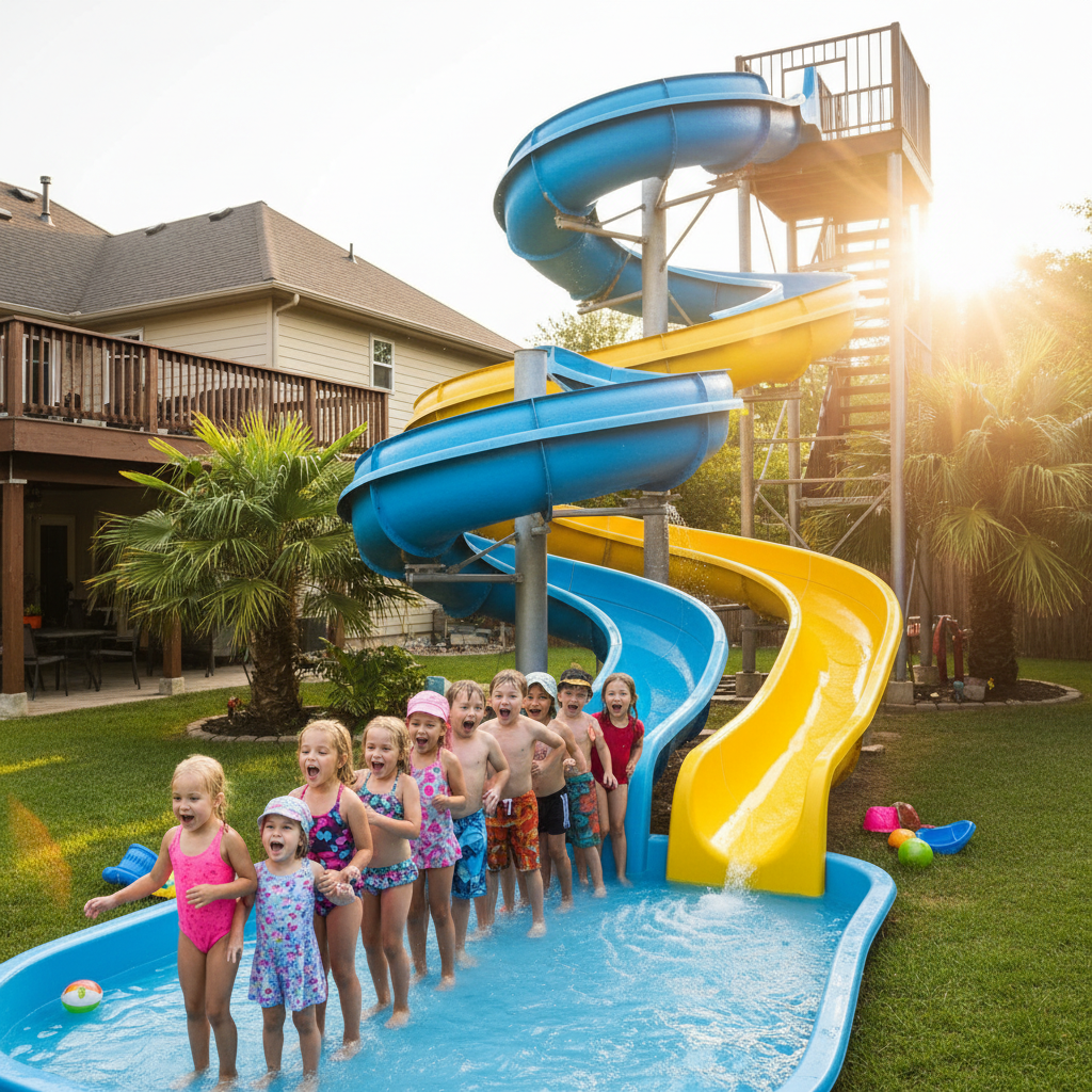 Children lining up to slide down a water slide at a summer birthday party in a backyard
