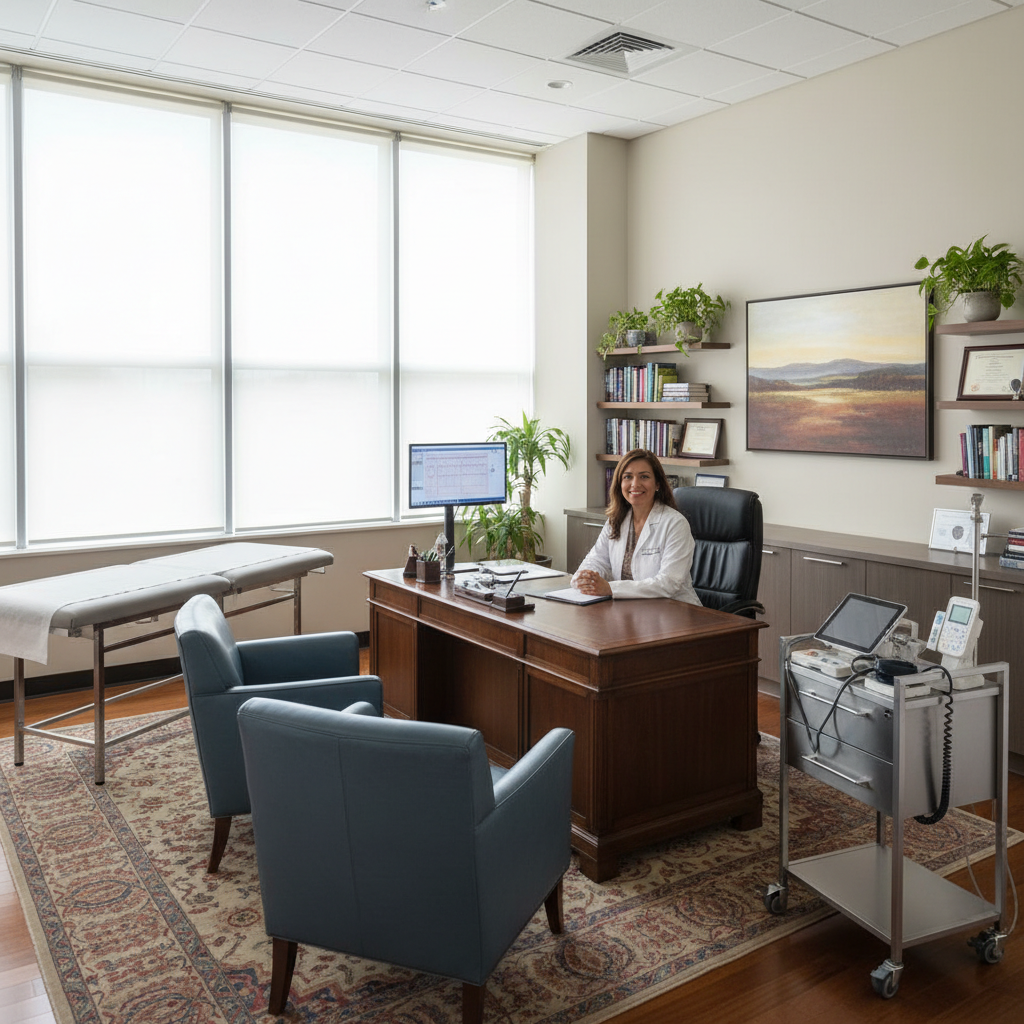 Female doctor in white coat smiling at camera in medical office