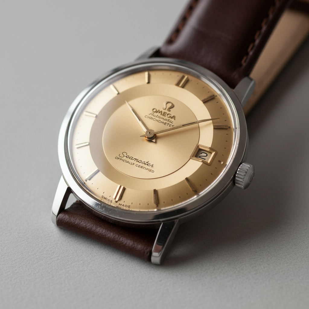 Omega Seamaster pie-pan dial from 1958 showing stepped dial structure and dauphine hands