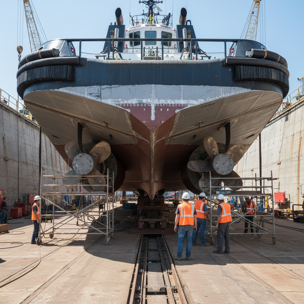 Tugboat propulsion system showing azimuth thruster installation