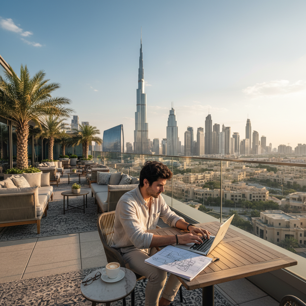 Designer working on laptop at a rooftop café with Dubai skyline in background
