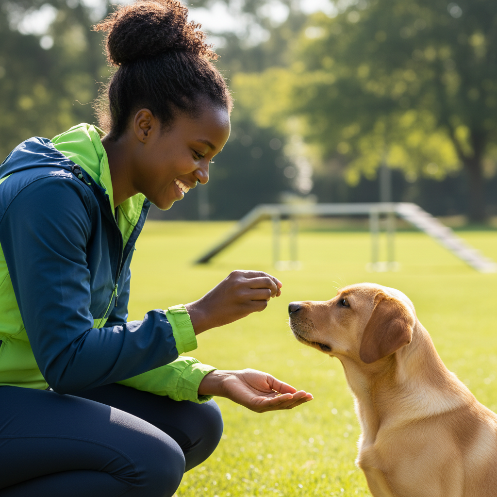 Smiling woman with blonde hair in casual blue sweater holding yellow Labrador puppy