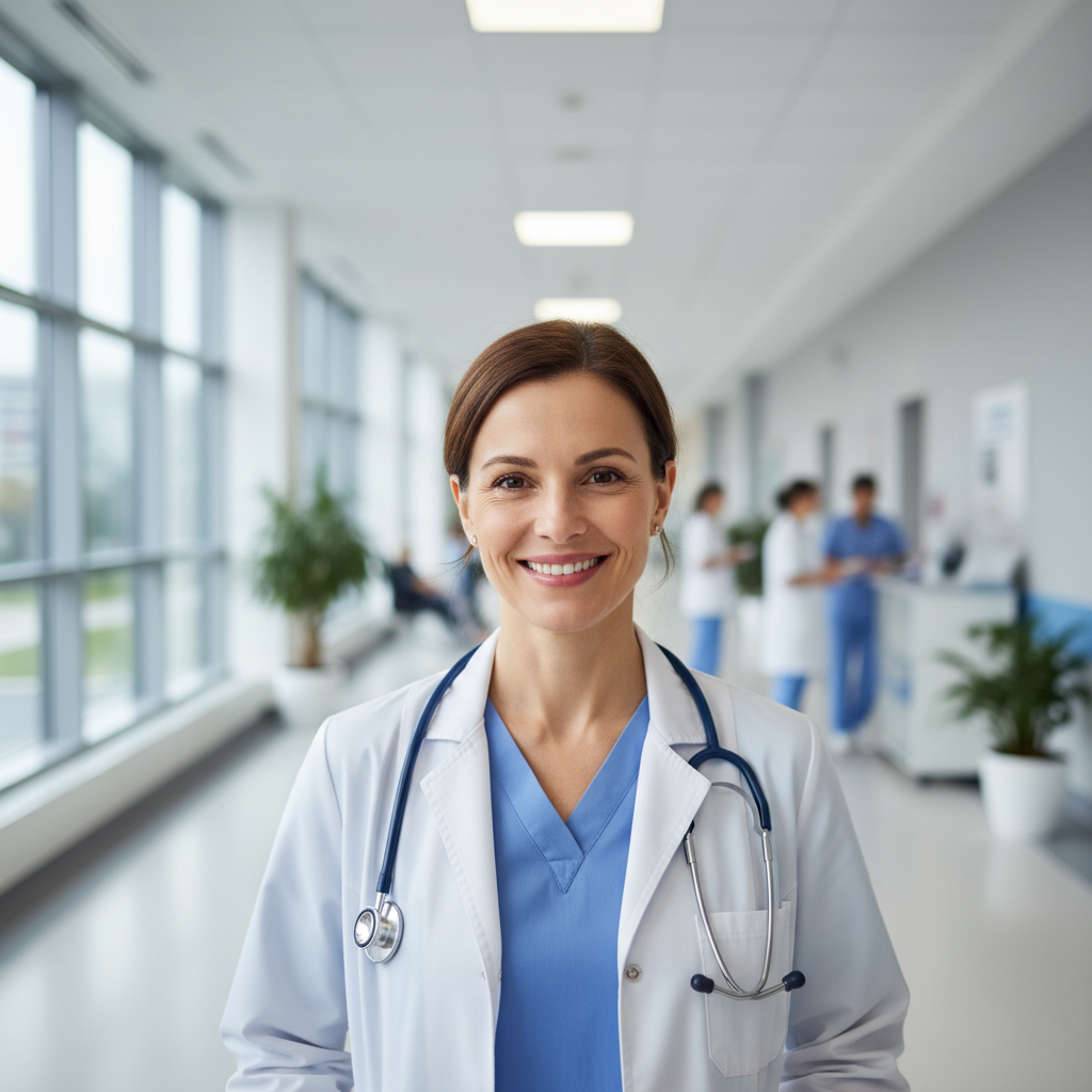 Female surgeon smiling candidly in operating room hallway