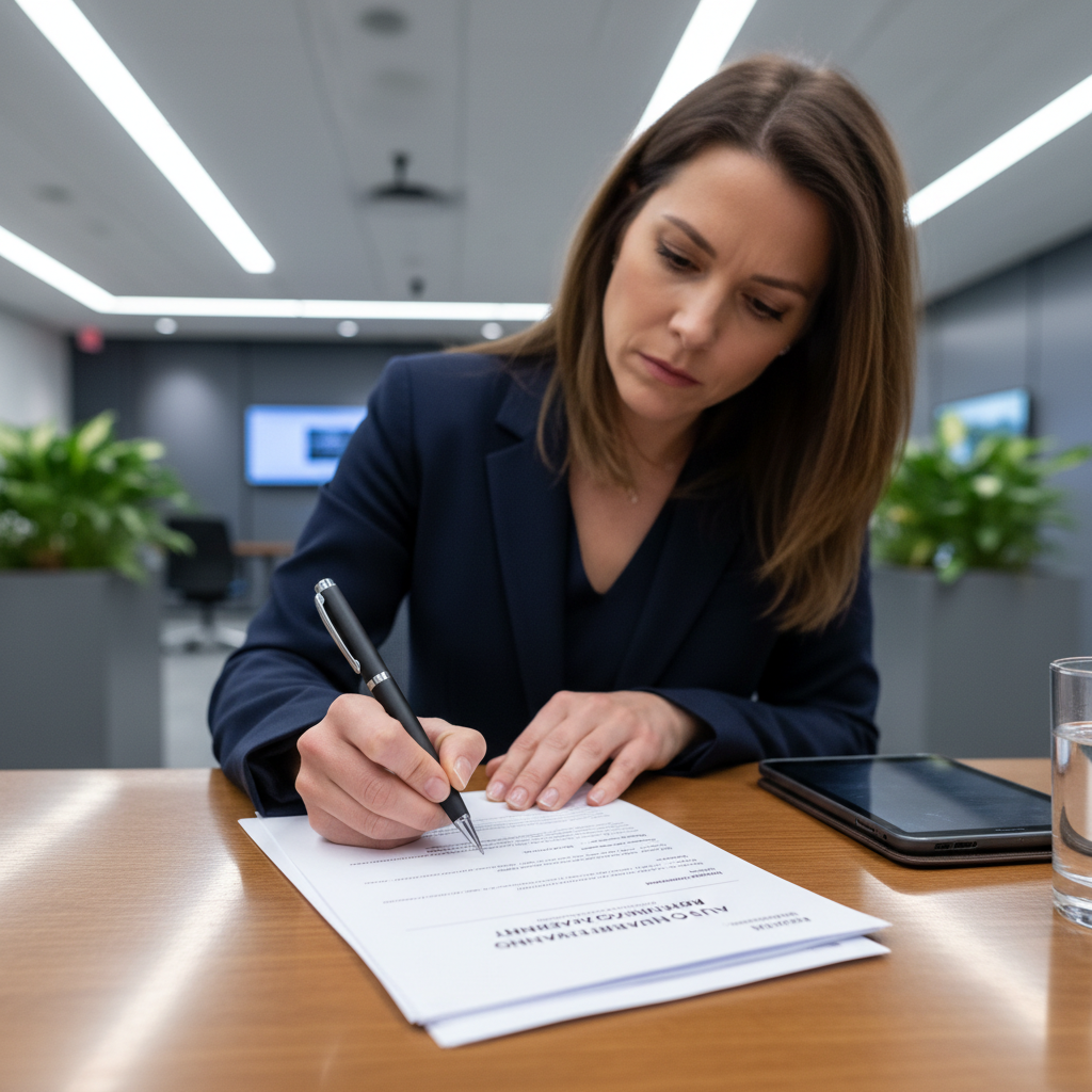Person signing refinancing documents at a bank desk with a pen, representing auto loan refinancing process in 2026