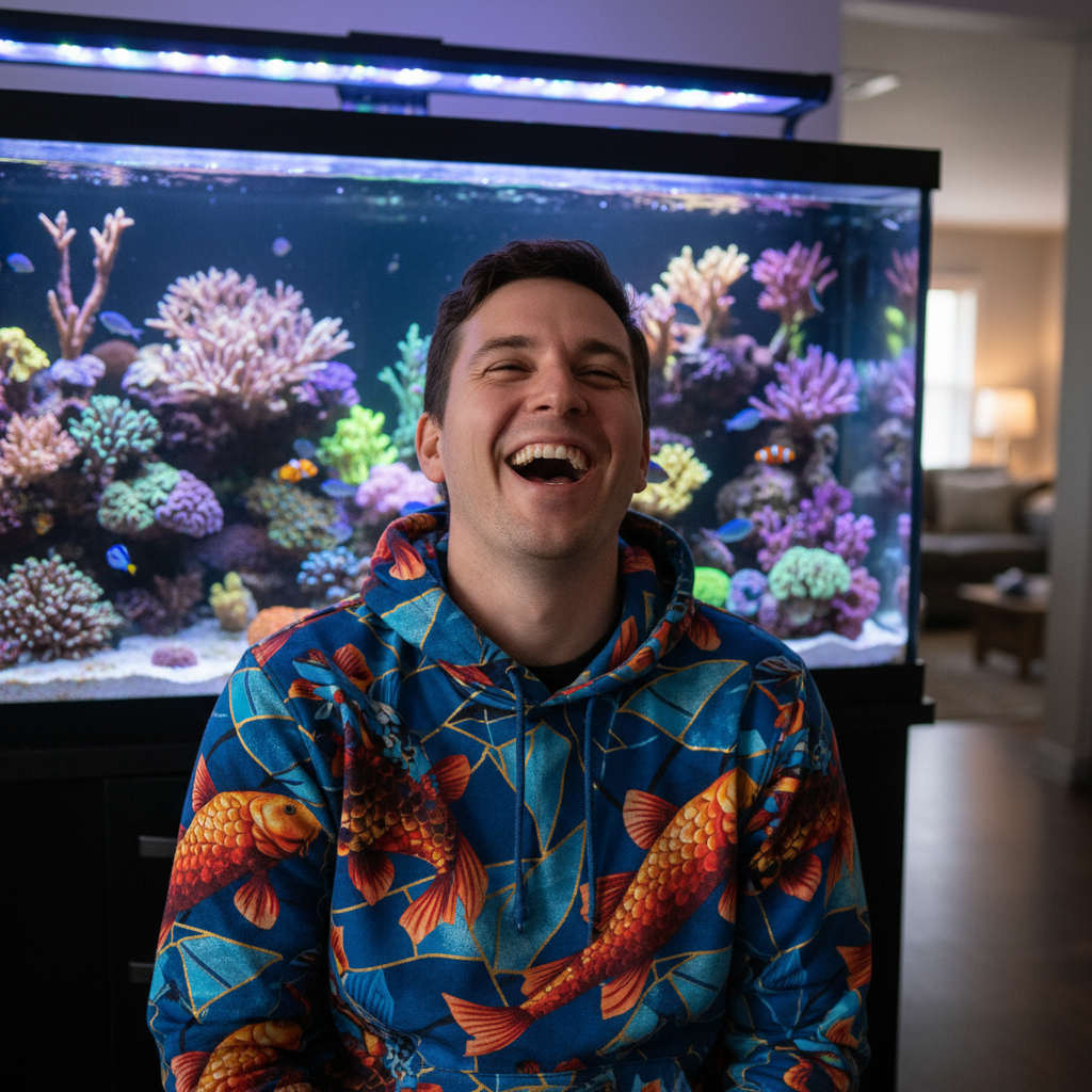Laughing person in geometric koi hoodie with 300-gallon reef glowing behind them