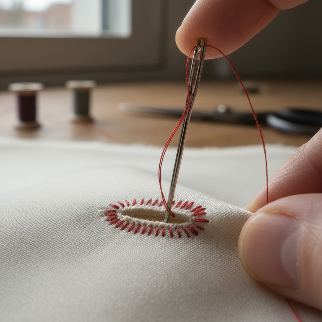 Close-up of tailor pins sliding into ivory silk fabric along a seam line