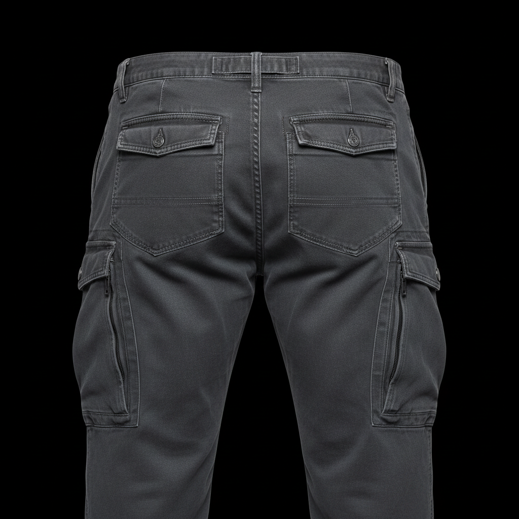Utility jacket back view showing cargo pocket detail, neutral background, sharp product photography
