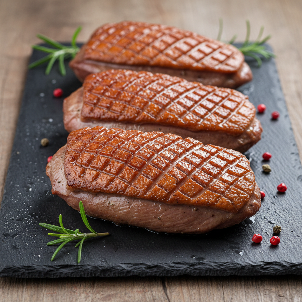 Duck breast fillets on slate board, scored skin, deep mahogany colour
