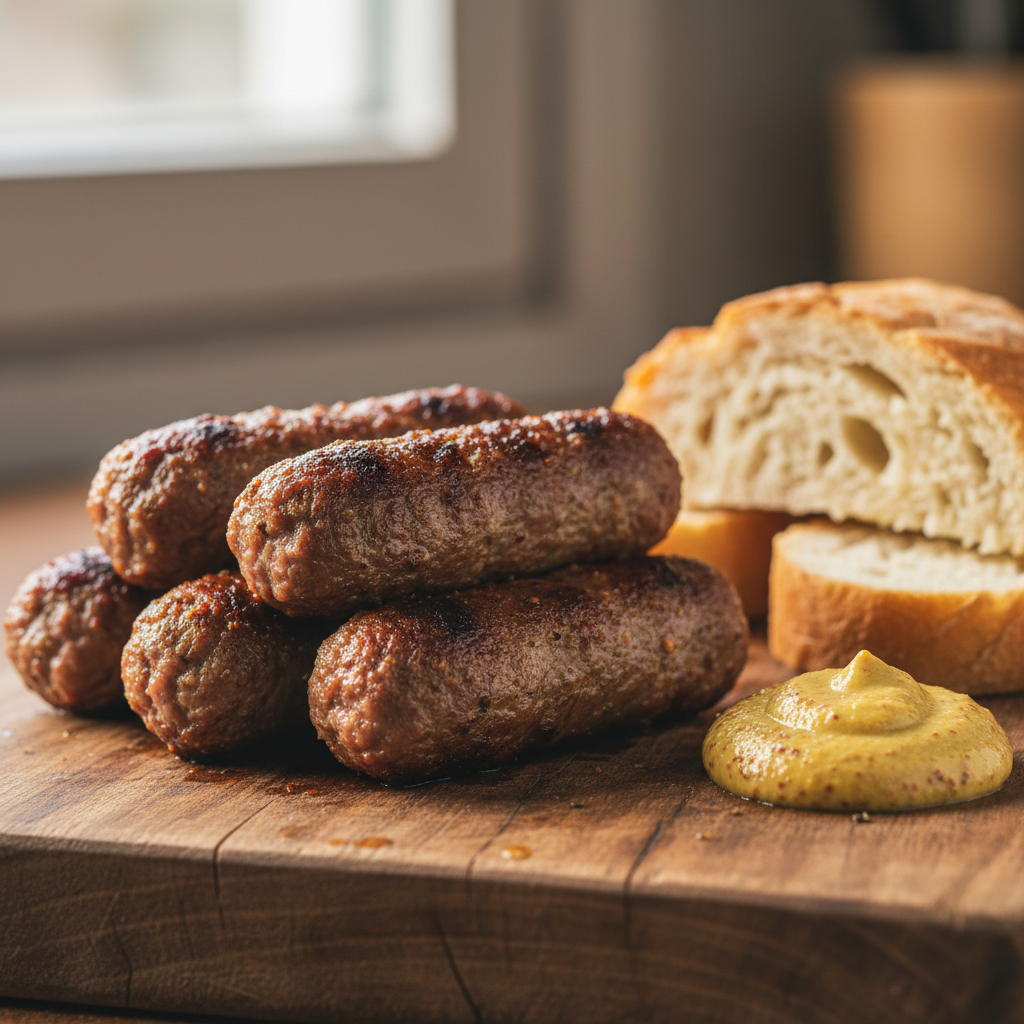 Mici grilled minced meat rolls on wooden board with mustard and fresh bread