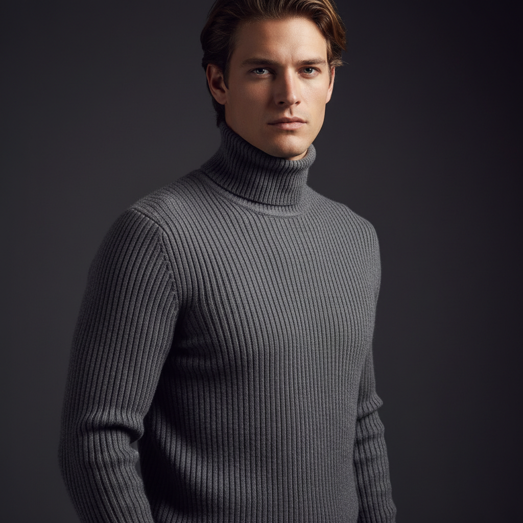 Dark ribbed knit sweater styled editorial, moody dark fashion photography