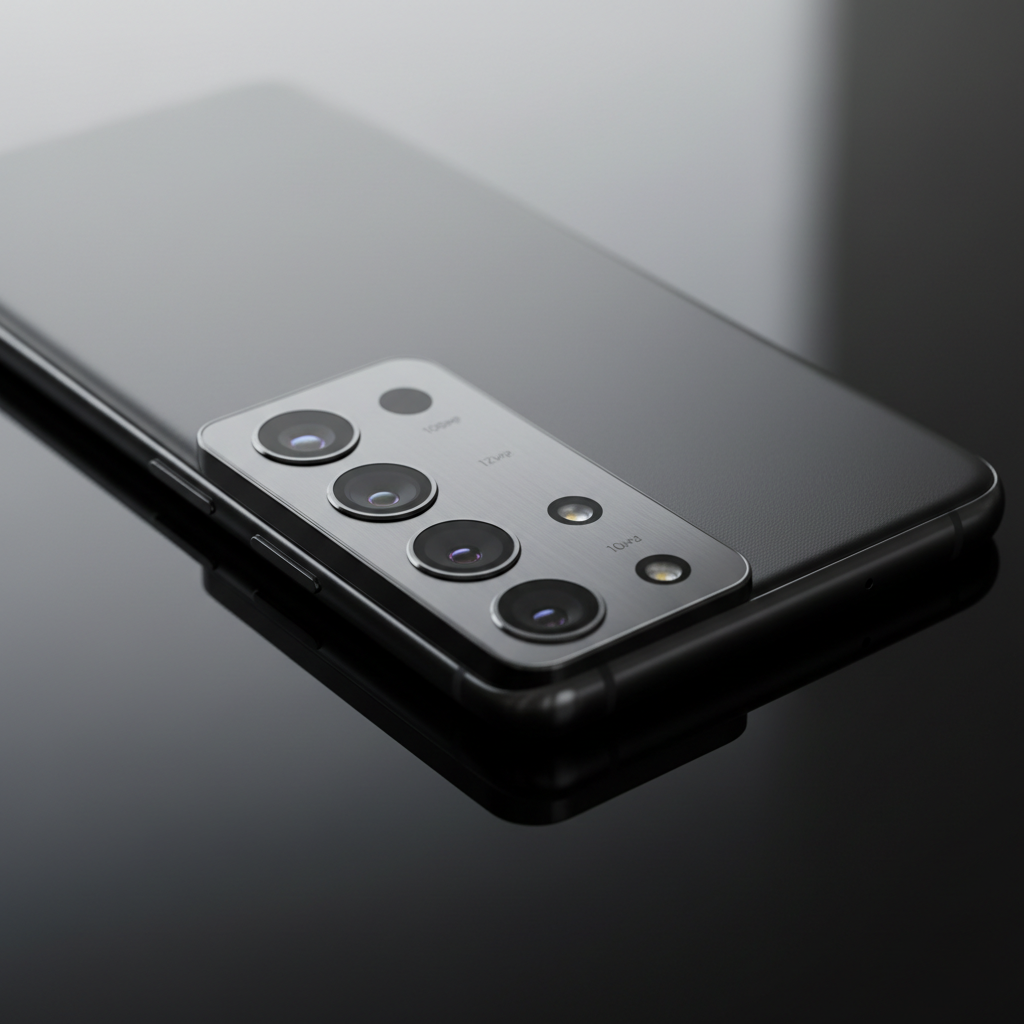 Smartphone back view showing triple camera module on black surface