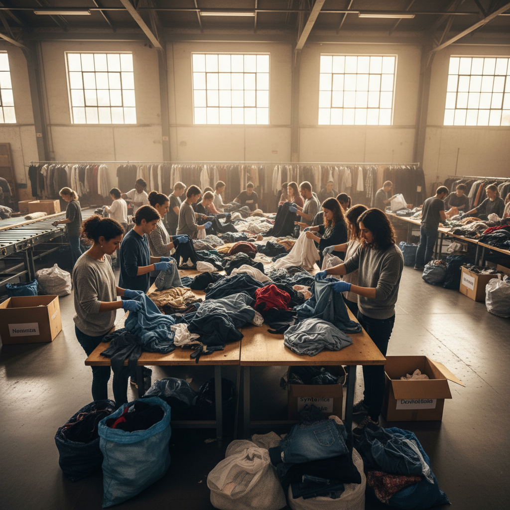 Charity workers sorting donated clothing and household items in a bright Gothenburg secondhand shop