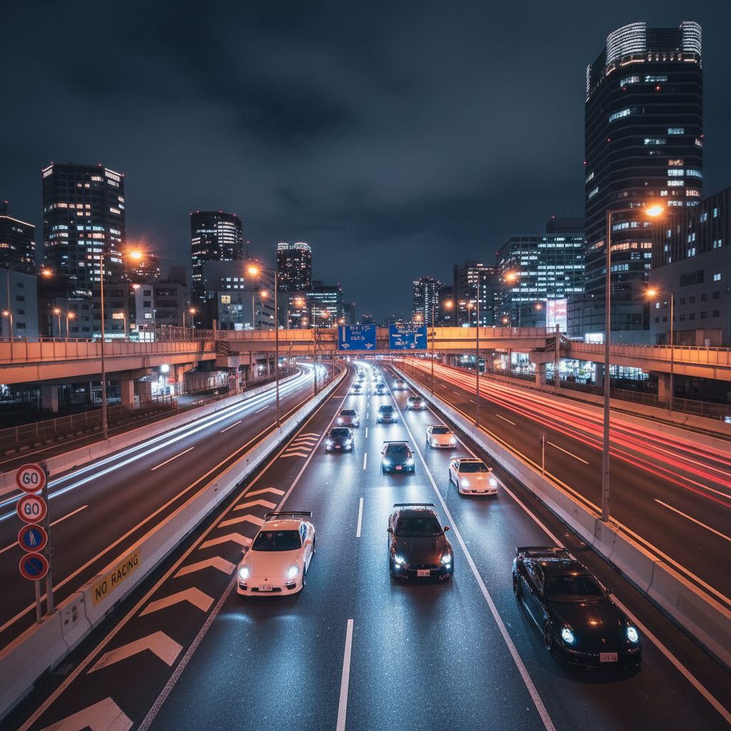 Highway at night from above, city lights, long exposure, dark moody industrial atmosphere