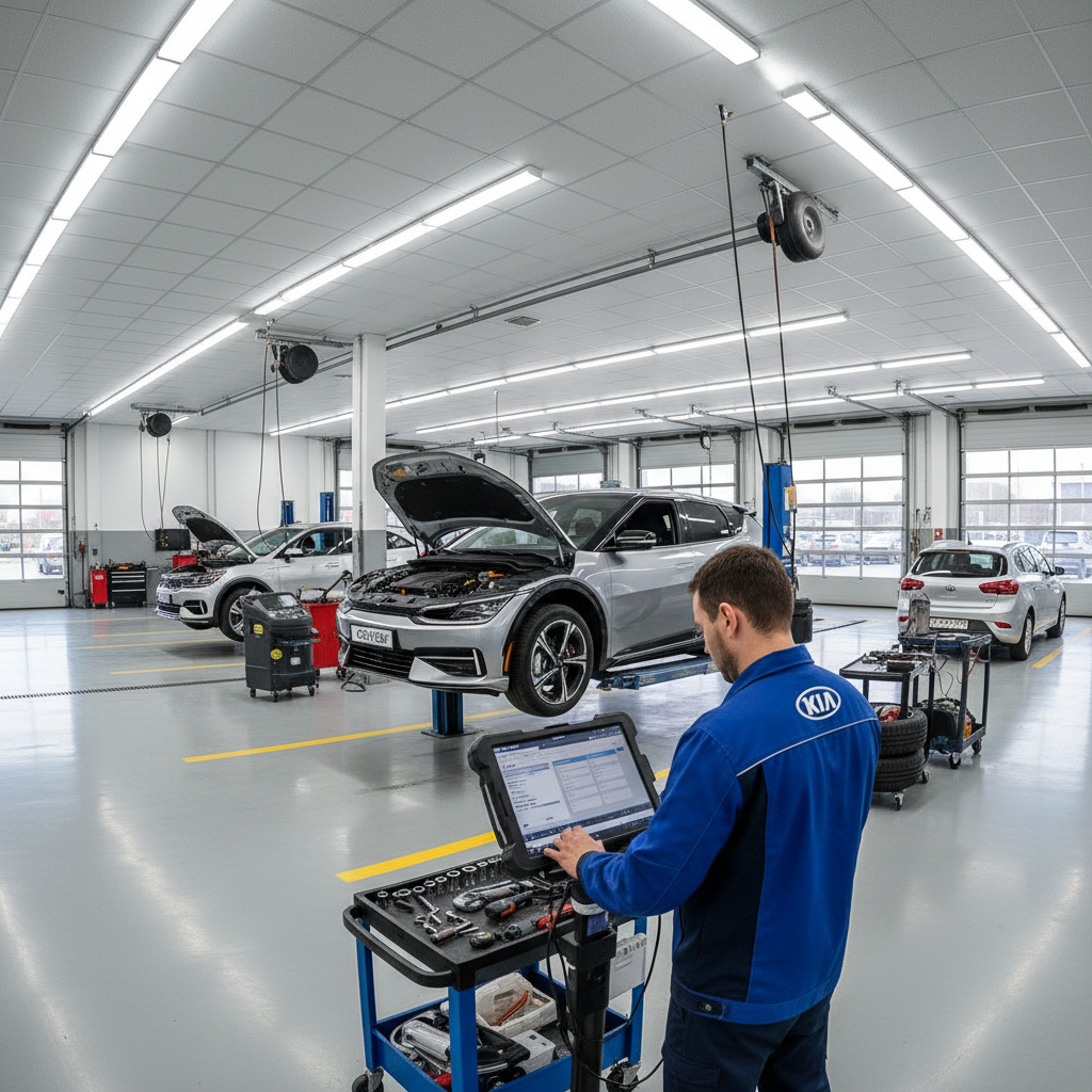 Professional Kia workshop with dealer-grade GDS diagnostic system and LED lighting