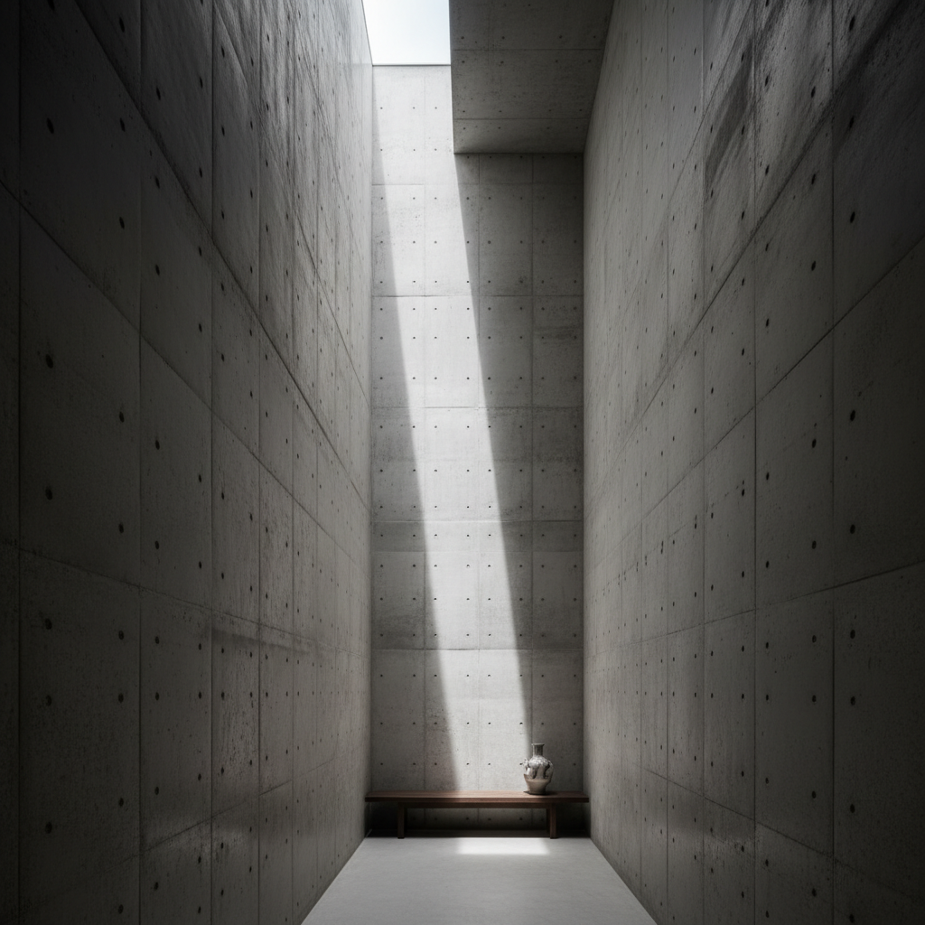 Narrow vertical Tokyo residence interior with sky window at top, concrete walls, minimal furnishing, dramatic vertical light shaft