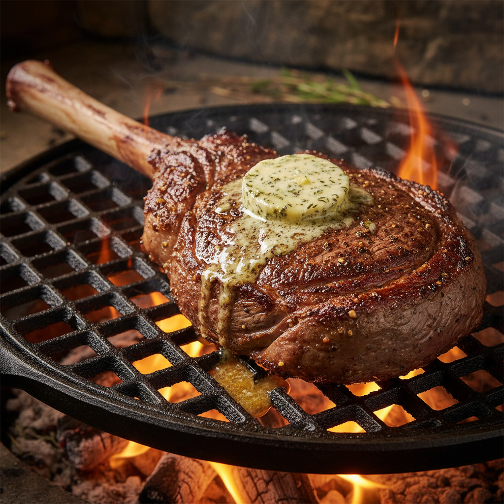 Forty-ounce tomahawk ribeye seared over open flame with bone marrow butter melting on top