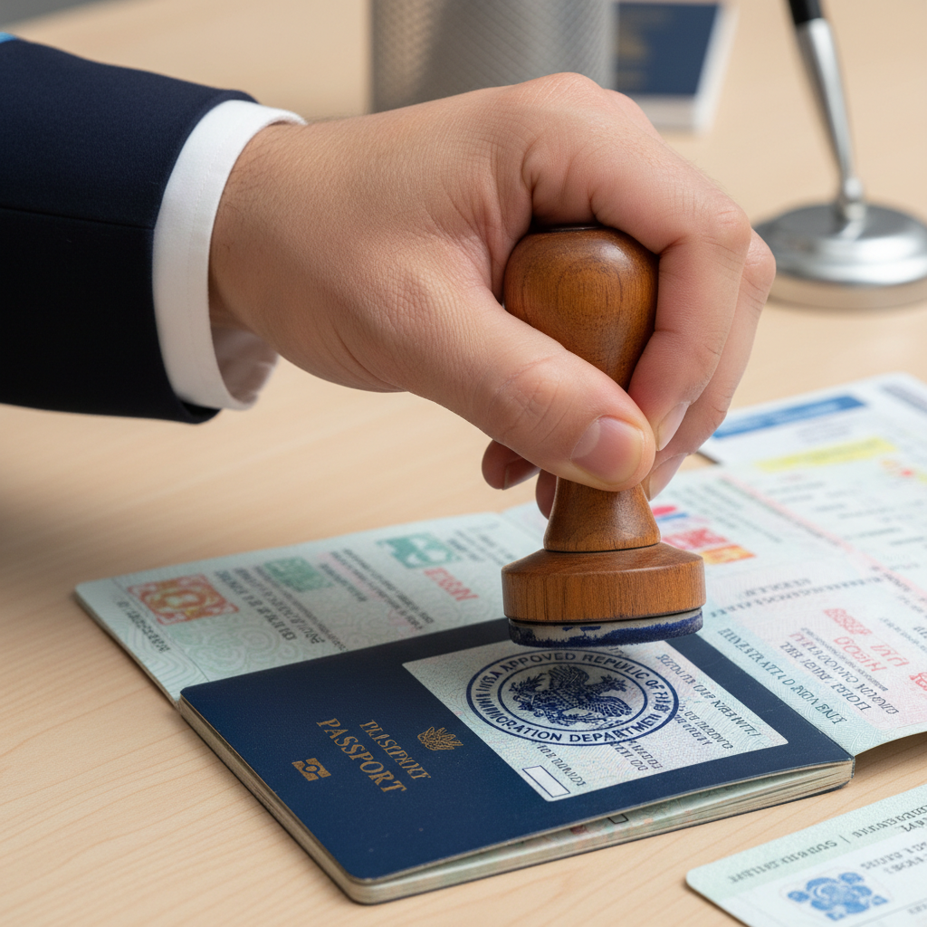 Passport with visa stamps and application forms on desk