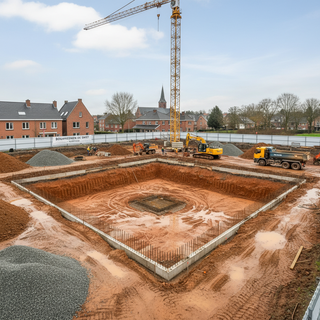 Large hydraulic excavator on construction site, dramatic overcast sky, heavy machinery in operation