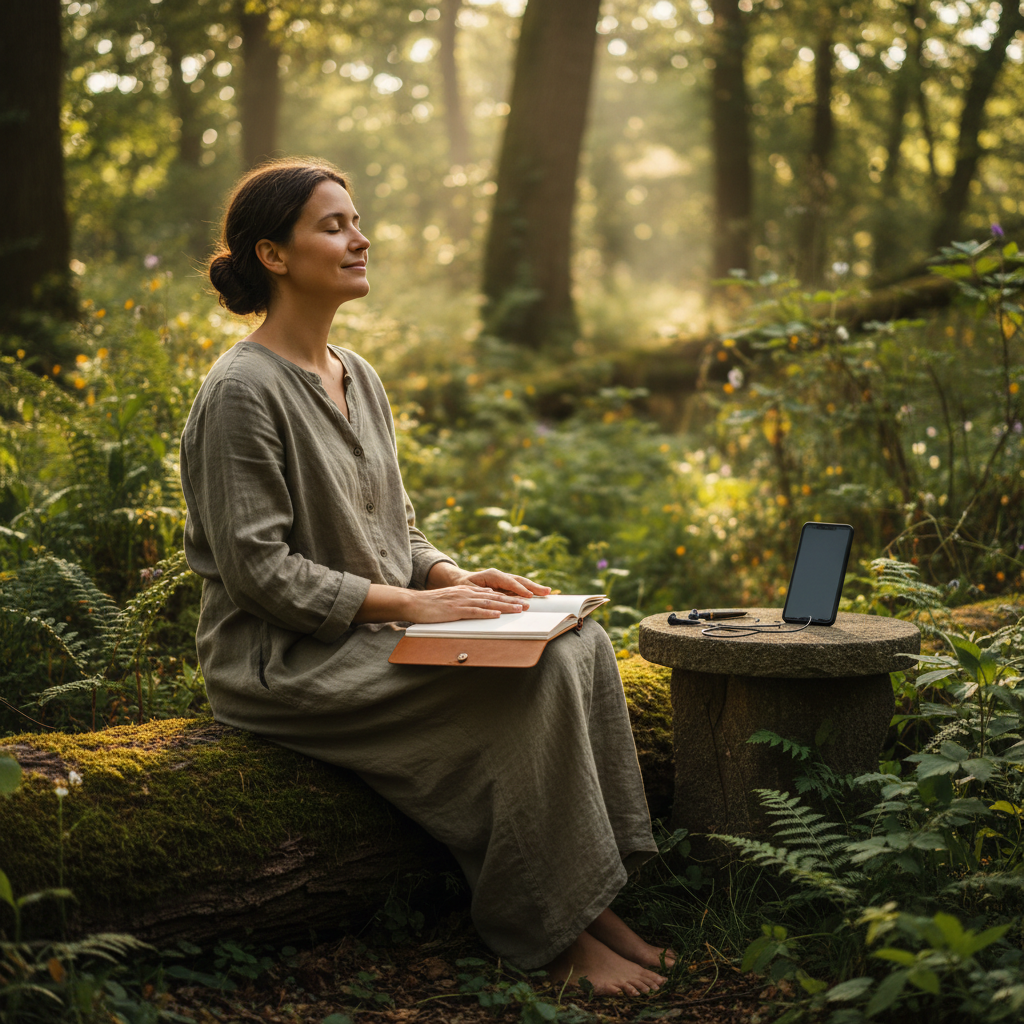Person unplugged from devices sitting in nature with notebook practicing mindful disconnection