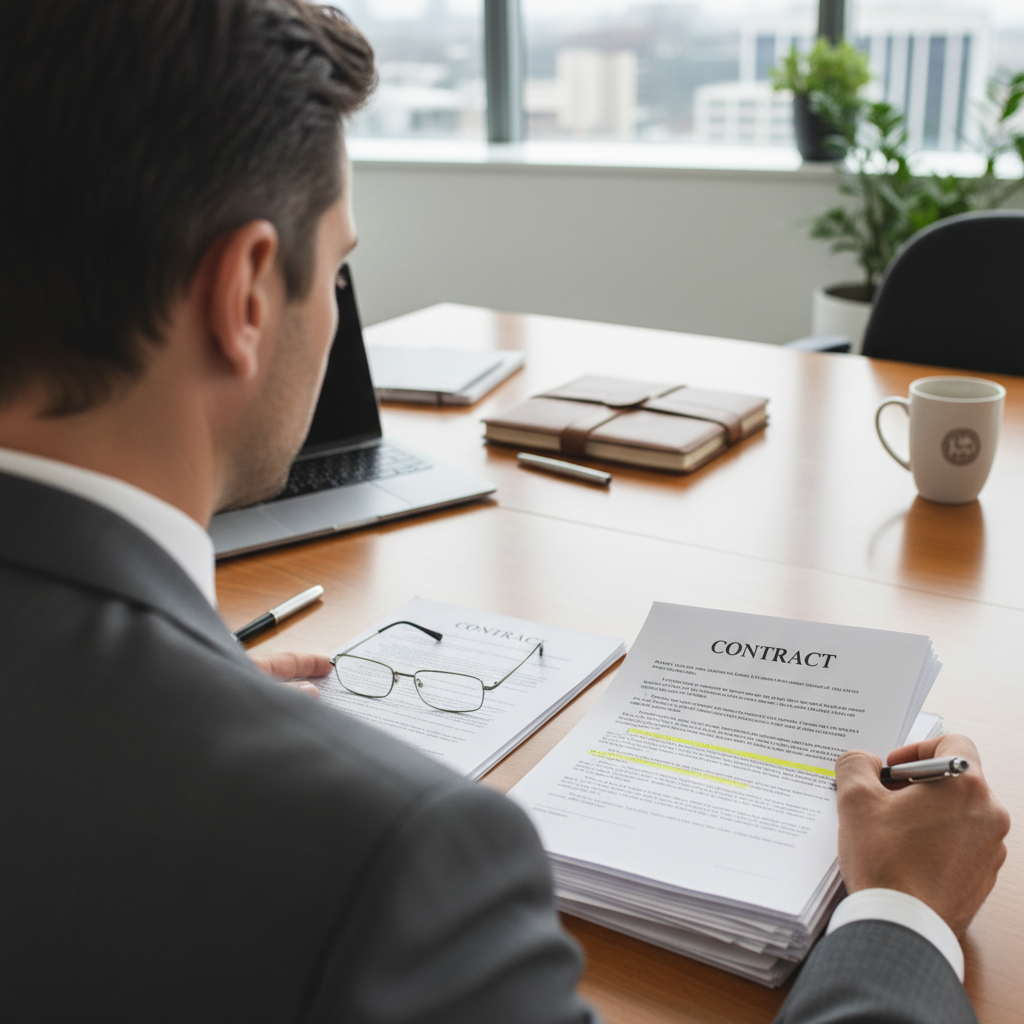 Project manager reviewing detailed Gantt chart and timeline documents at a tidy desk, bright professional office, organized and structured workspace