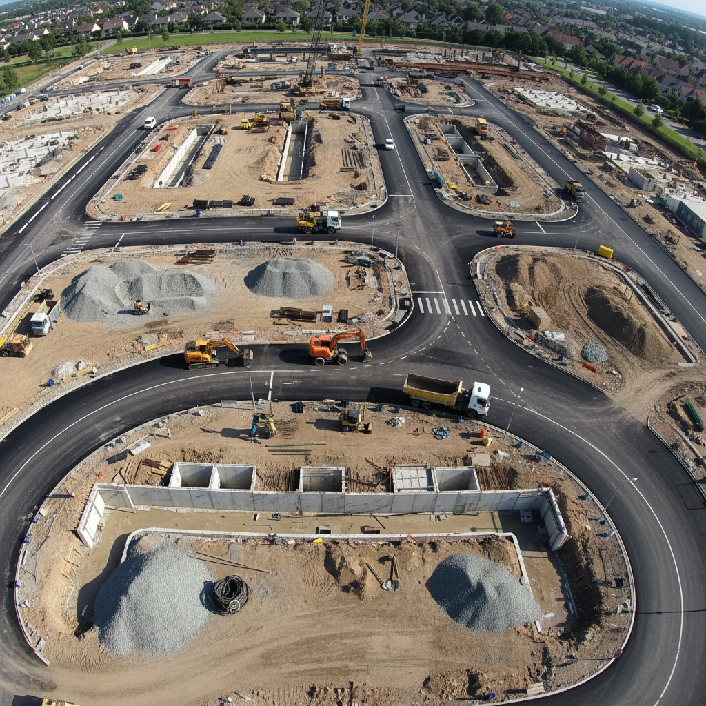 Drainage construction workers on infrastructure project, bright construction site, open urban area