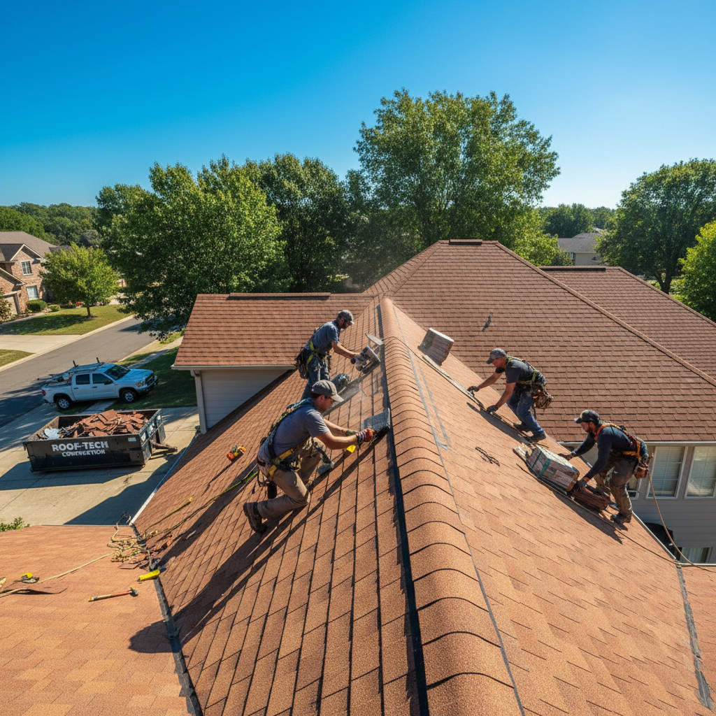 Roofing contractor on a residential roof during daytime, professional construction work, clear sky background