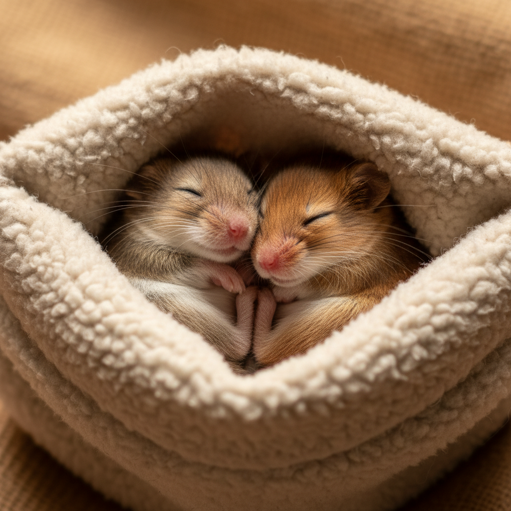 Two small animals sleeping curled together inside a soft fleece pouch, peaceful and warm