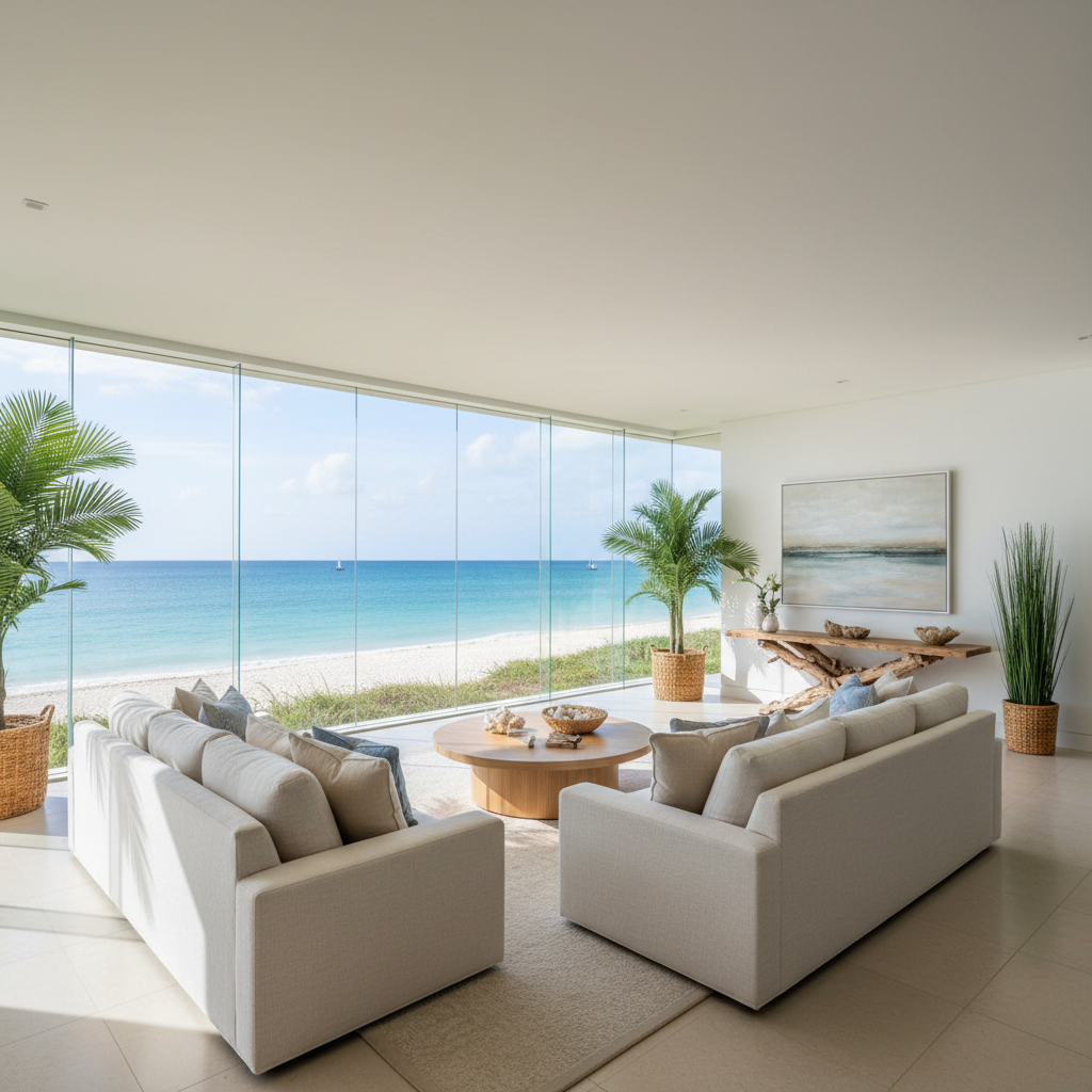 Interior of cantilevered living room with panoramic ocean views through floor-to-ceiling glass