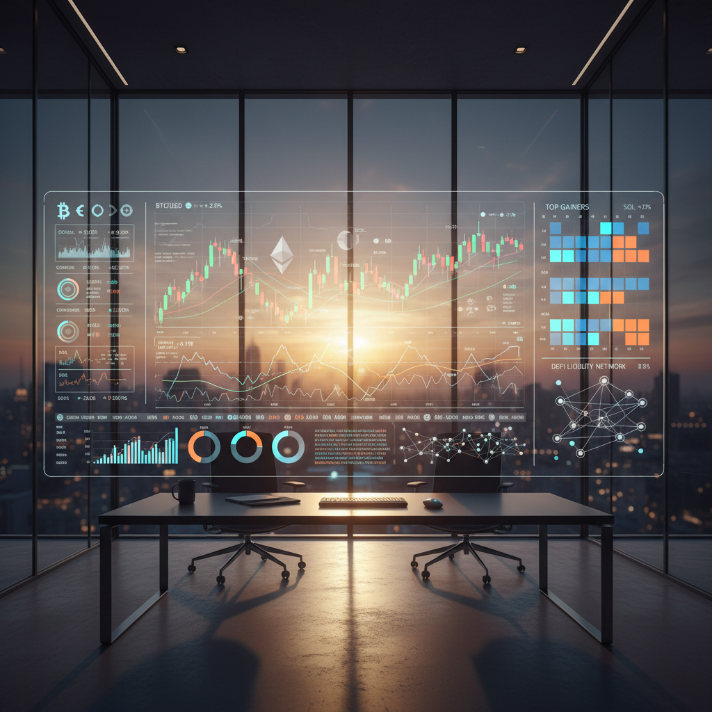 Financial charts and graphs on computer screen showing upward trends, bright modern office environment
