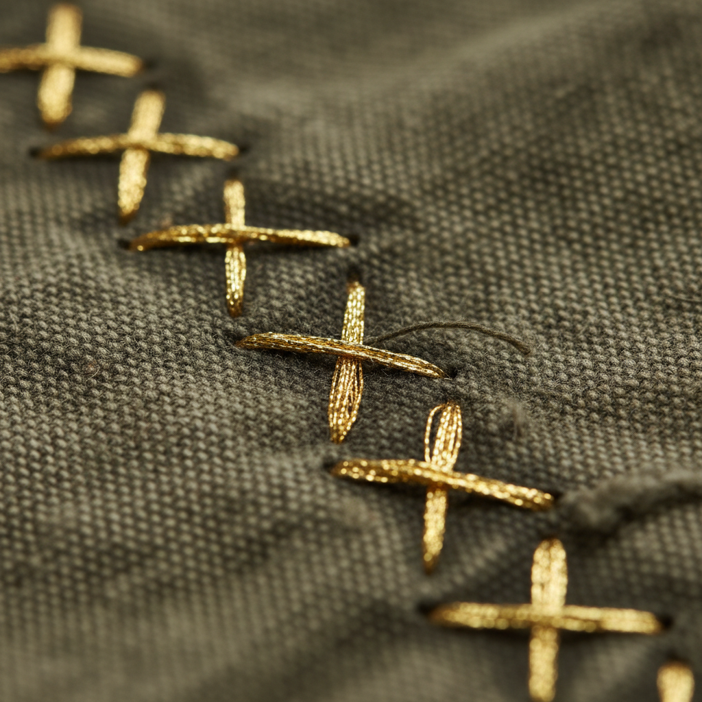 Extreme close-up of reclaimed military canvas weave with hand-stitched gold thread running diagonally across the fabric