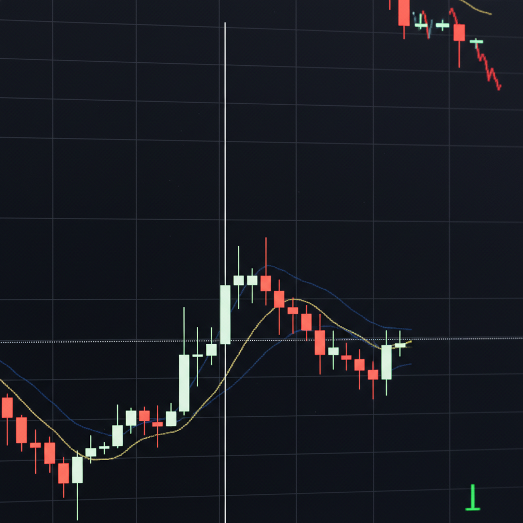 Dark trading dashboard with red and green charts, dim monitor glow, deep shadows, atmospheric financial environment