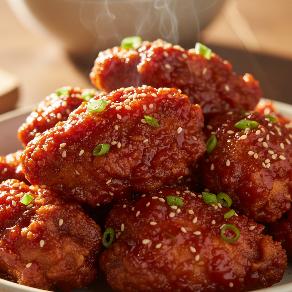 Crispy Korean fried chicken glazed with sweet gochujang sauce, sesame seeds, served in a red basket with pickled radish