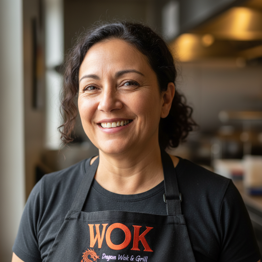Yolanda Reyes, Latina woman in her 50s wearing Wok franchise apron and smiling broadly