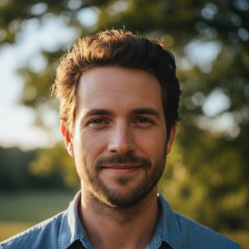 Actor headshot — man with relaxed demeanor, natural outdoor setting