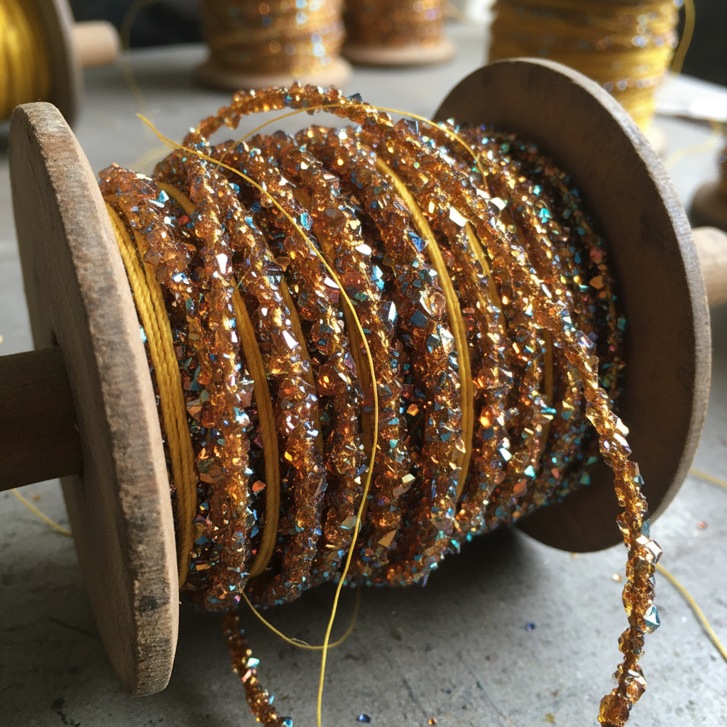 Close-up of  manja thread coating detail, metallic sheen on glass-coated cord
