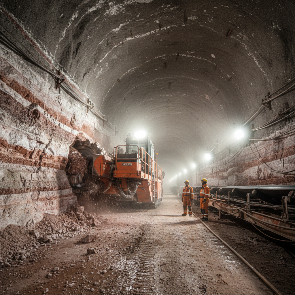 Deep underground mining tunnel with continuous miner equipment carving through potash seam at thousand meters depth