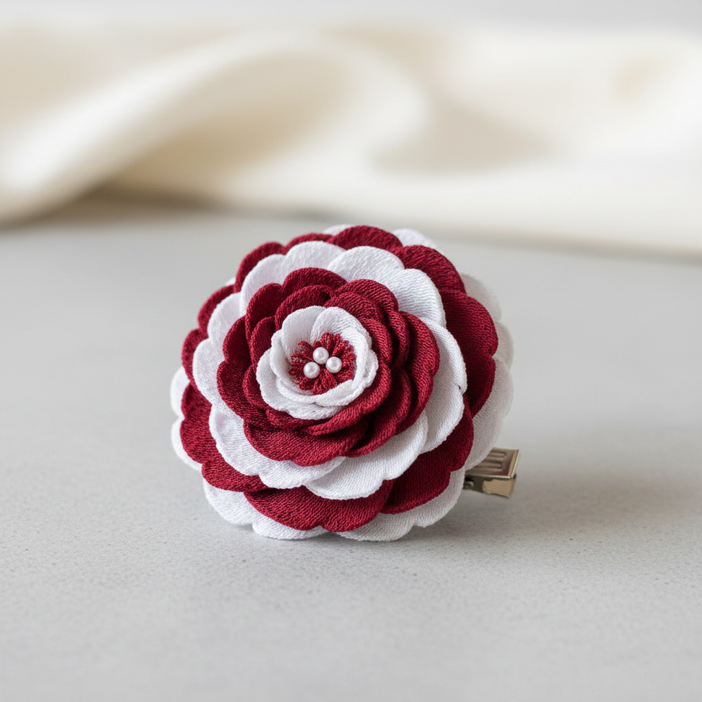 Pearl white crochet bow hair clip on cream fabric, elegant and handmade