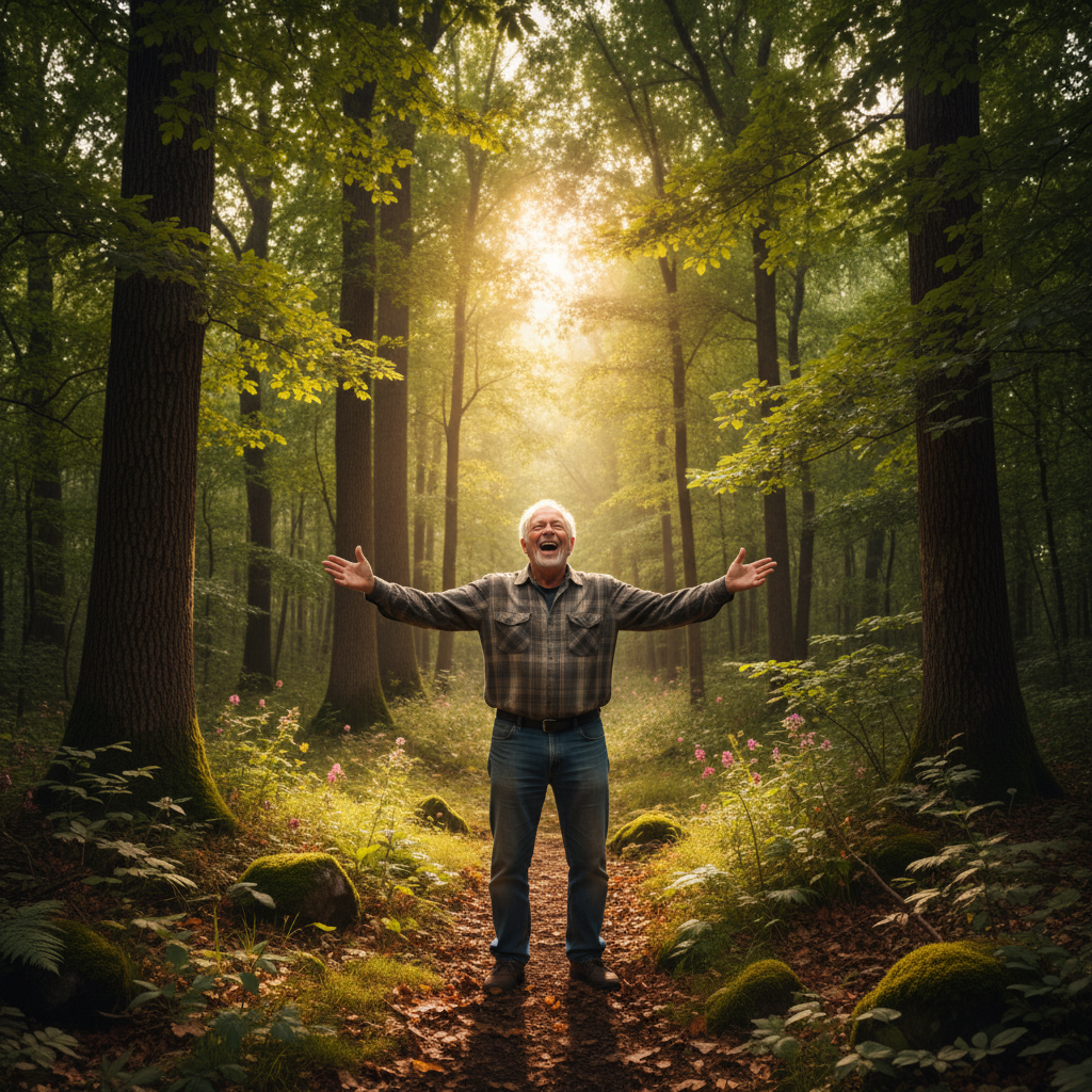 Older man with full belly laugh, arms wide open in forest clearing